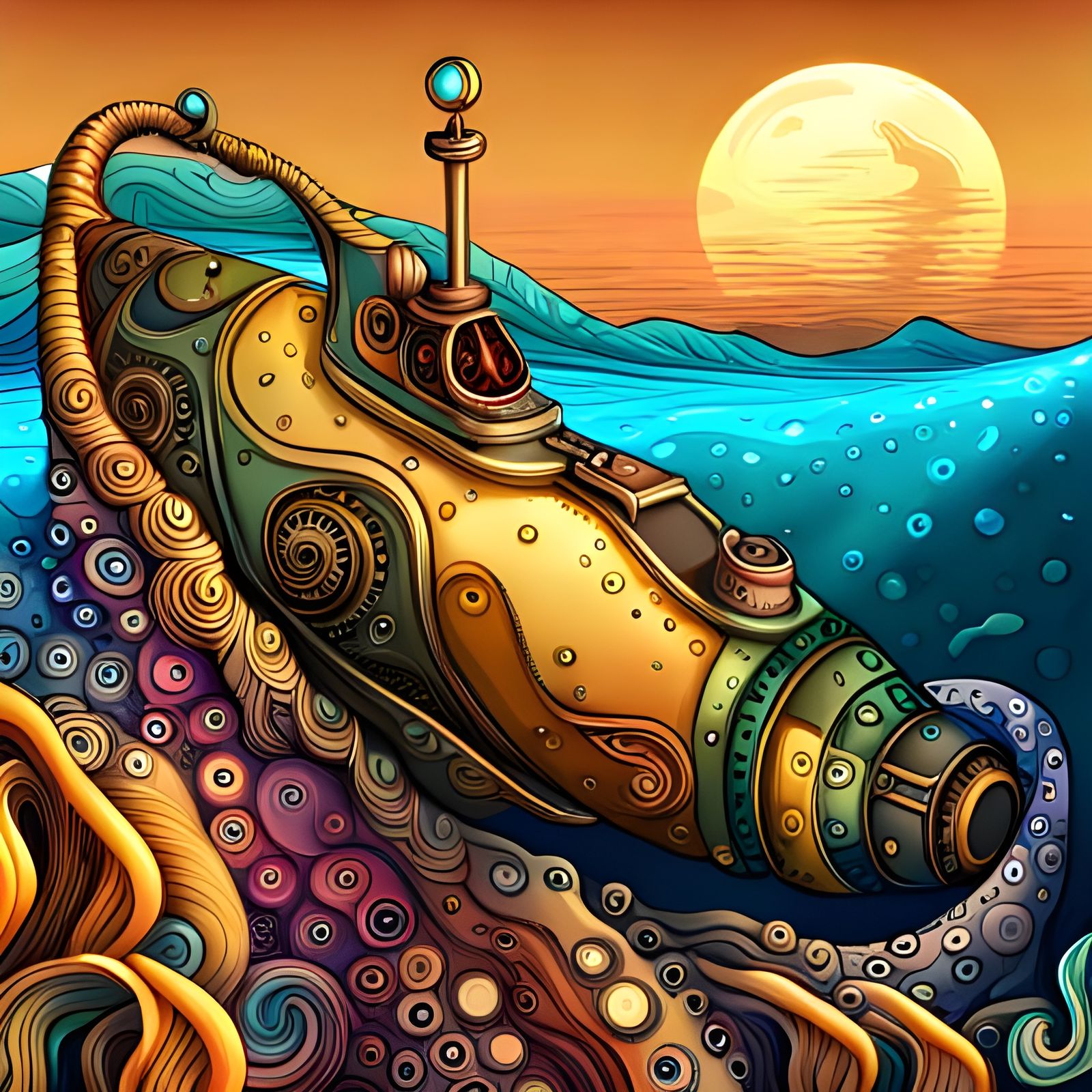Steampunk Submarine near Coral Reef in Zentangle Style