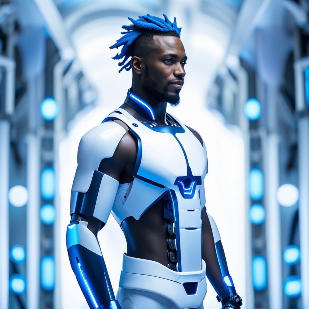 Smiling Blue-Haired Android in Futuristic Prison