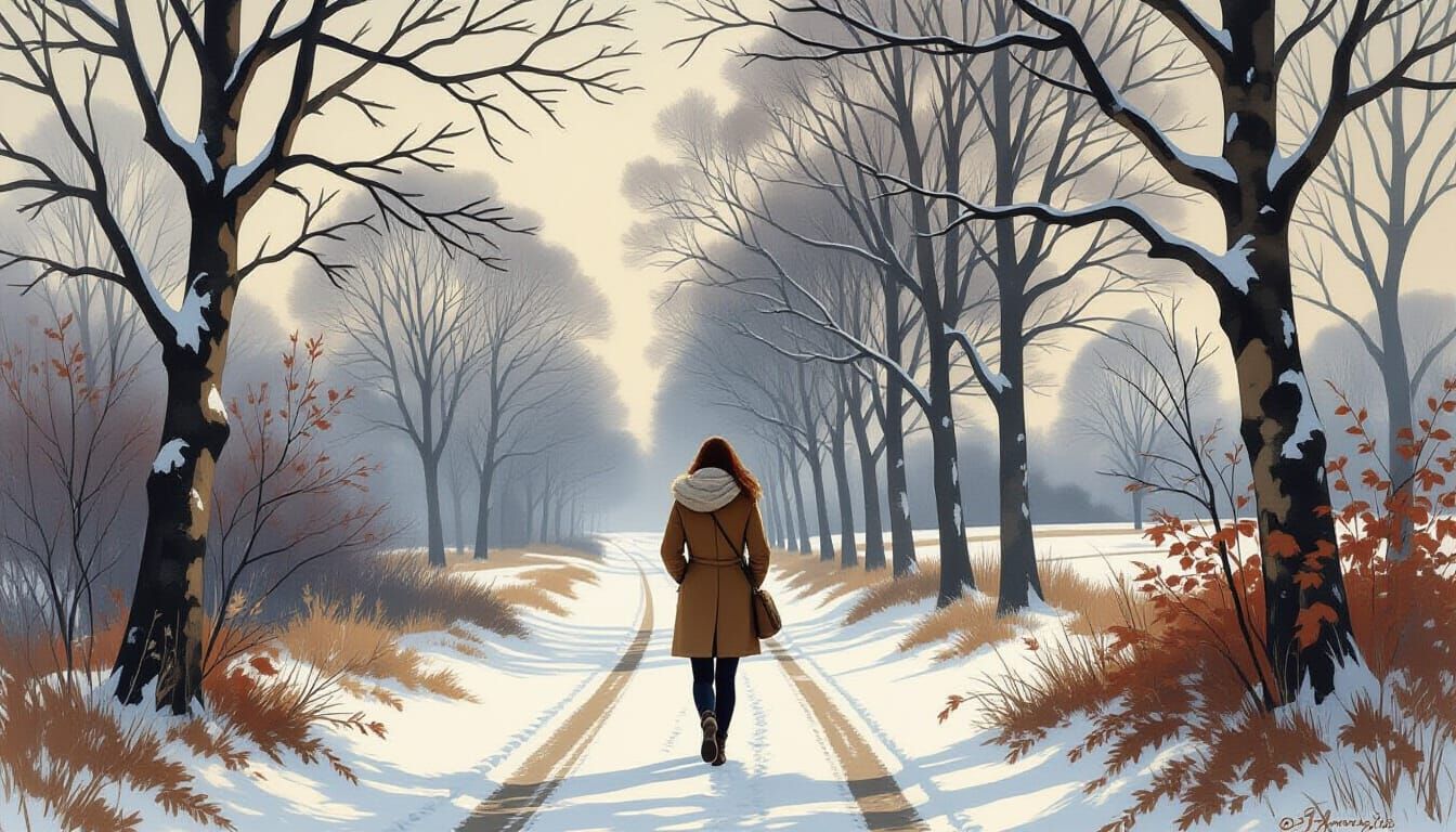 Winter Walk in Romantic Watercolor Style