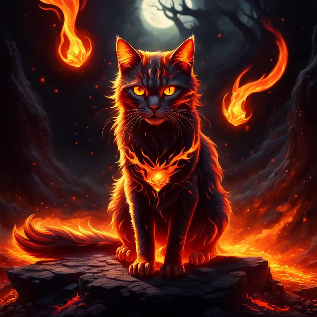 Fiery Witch with Cat in Digital Painting