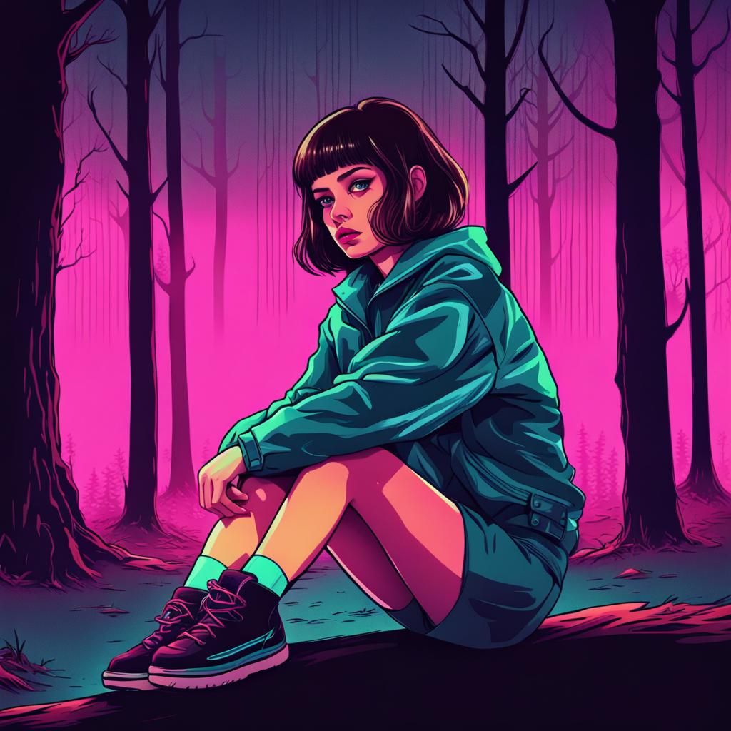 Sad Girl in Dark Woods: Synthwave Neon Art
