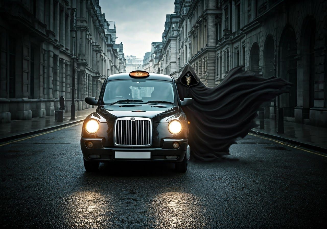 Grim Reaper Navigates London Streets in Classic Black Cab