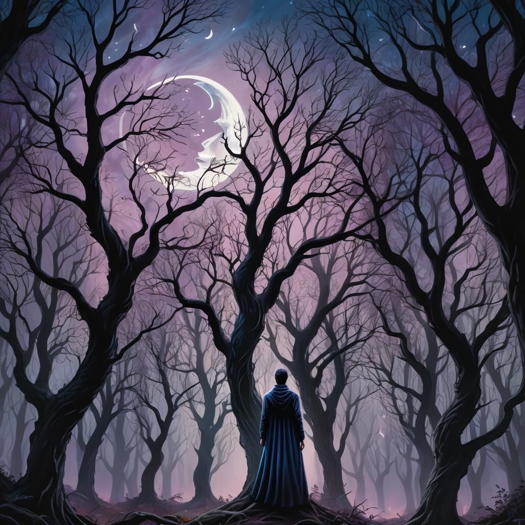 Mystical Forest with Crescent Moons: A Surrealist Vision