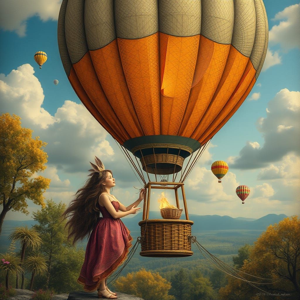 Hot Air Balloon Woman with Woodland Creatures