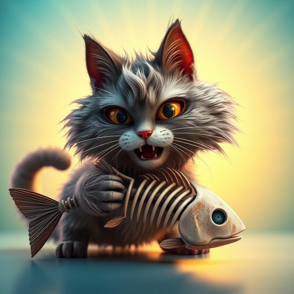 Scruffy Cat with Fish Skeleton: 3D Render