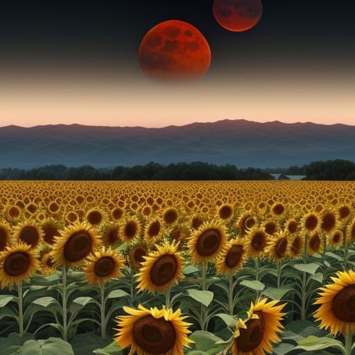 Surreal Sunflower Field Under Blood Moon