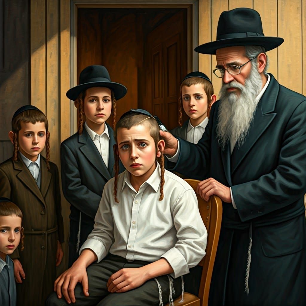 Young Hasidic Boy Prepares for Circumcision Ritual in Tradit...