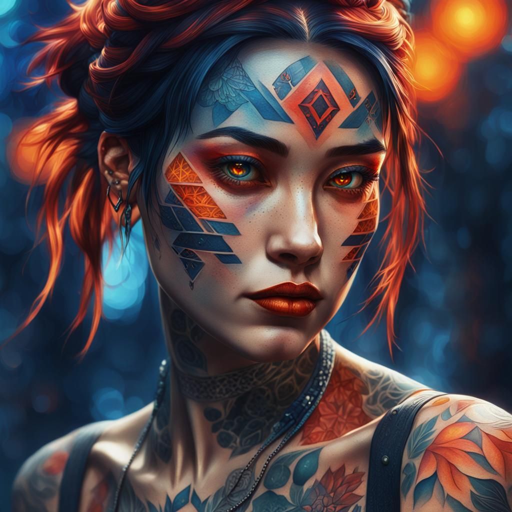 Girl with Red Tattoos: Fantasy Portrait in Watercolor Style