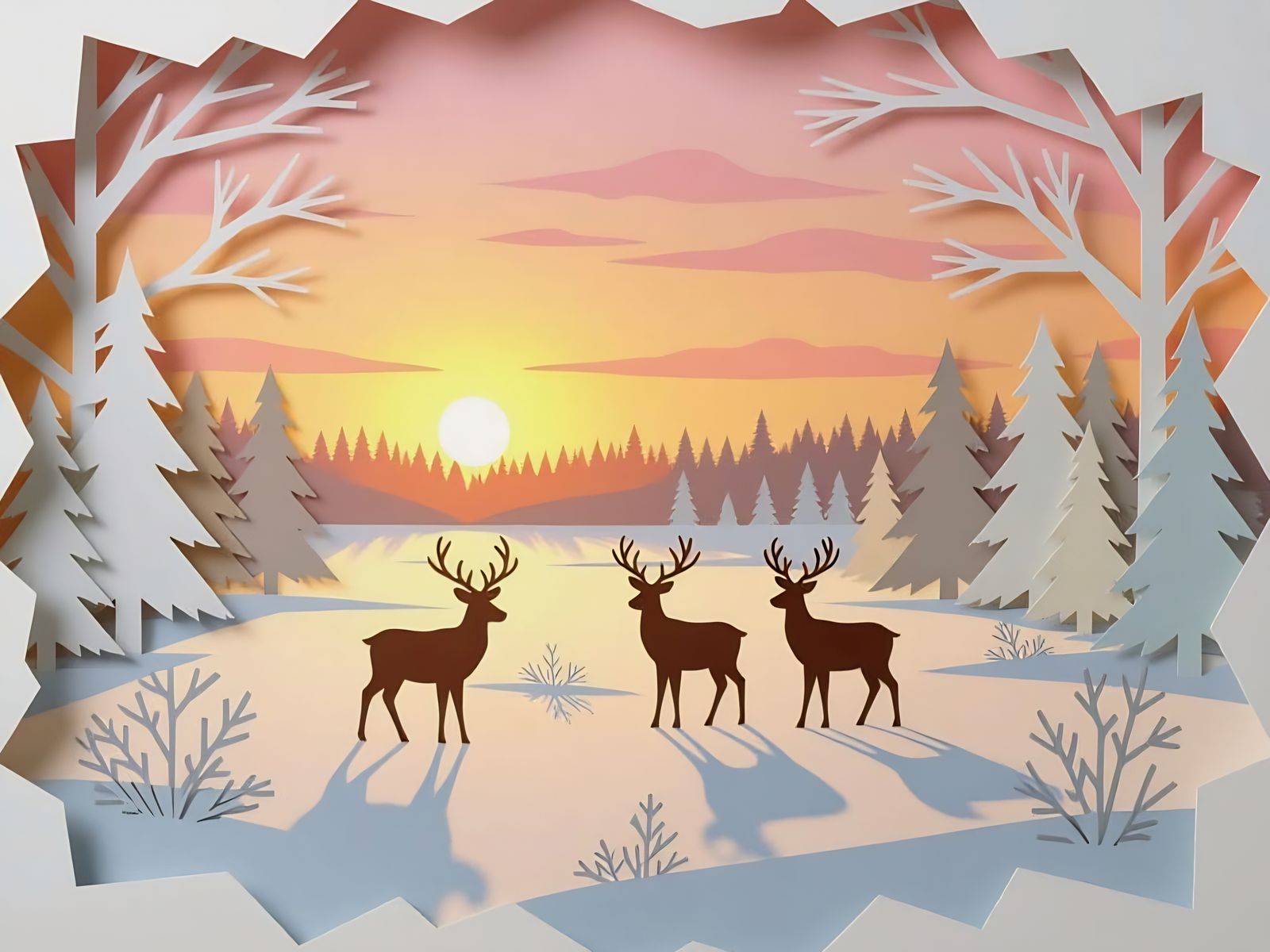 Paper Winter Landscape in Finland with Reindeer at Sunrise