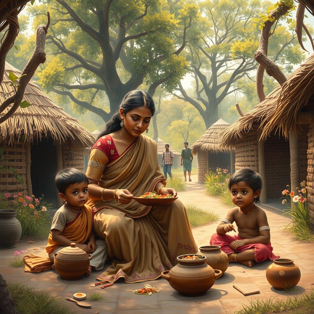 Gujarati Mother Serves Family in Lush Traditional Village
