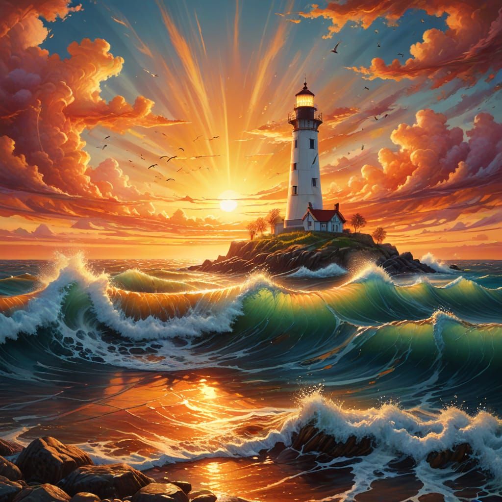 Whimsical Lighthouse Amidst Vibrant Waves in Sunset Glory