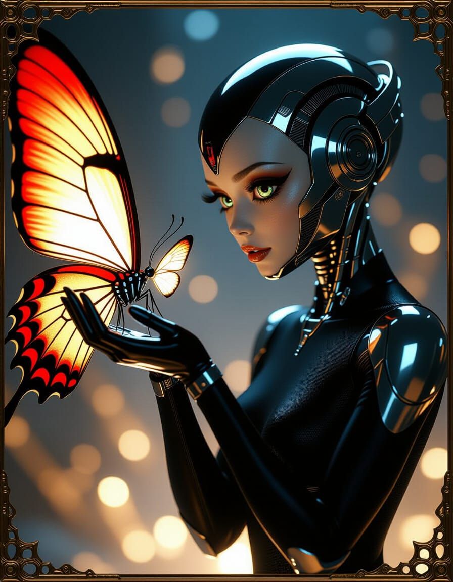 Cyber Android with Butterfly: Metallic Red and Gold