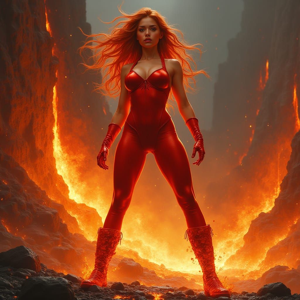 Fiery Woman Amidst Lava, Dramatic Volcanic Eruption