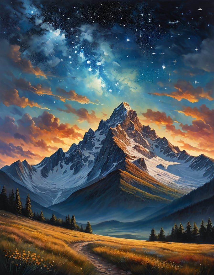 Starry Mountain Peak Oil Painting in Golden Light