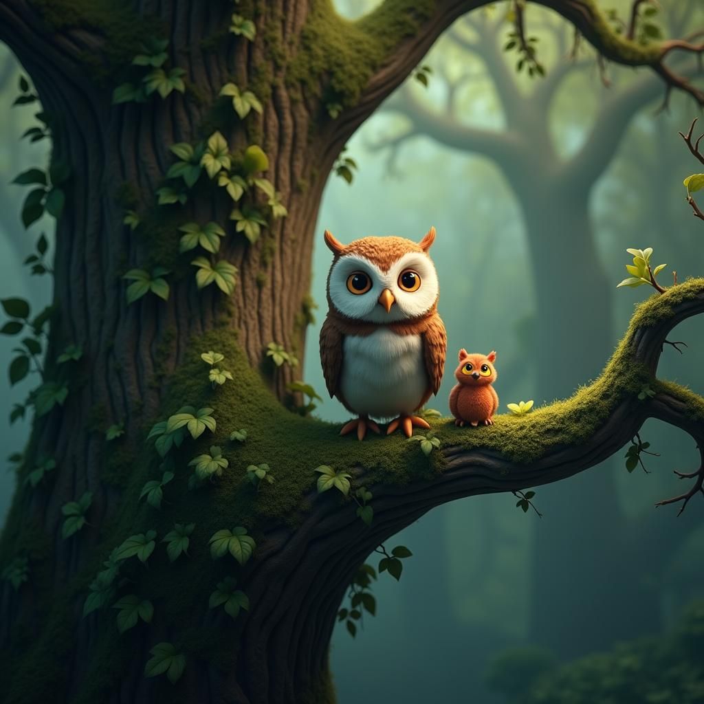 Owl Meditating in Magical Forest, Pixar-Inspired 3D Render