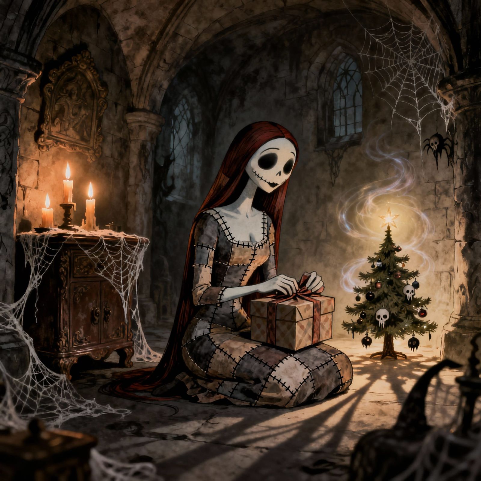 Sally Wraps Presents in a Spooky Crypt