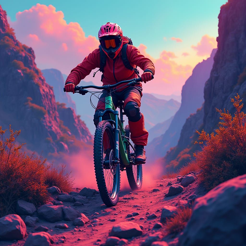 Mountain Biker on Rocky Trail in Digital Art Style