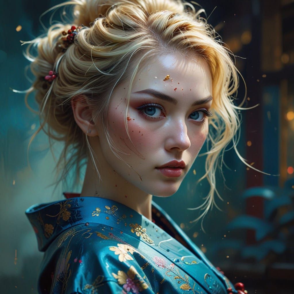 Blonde Geisha Calligraphy Portrait in Digital Art Style