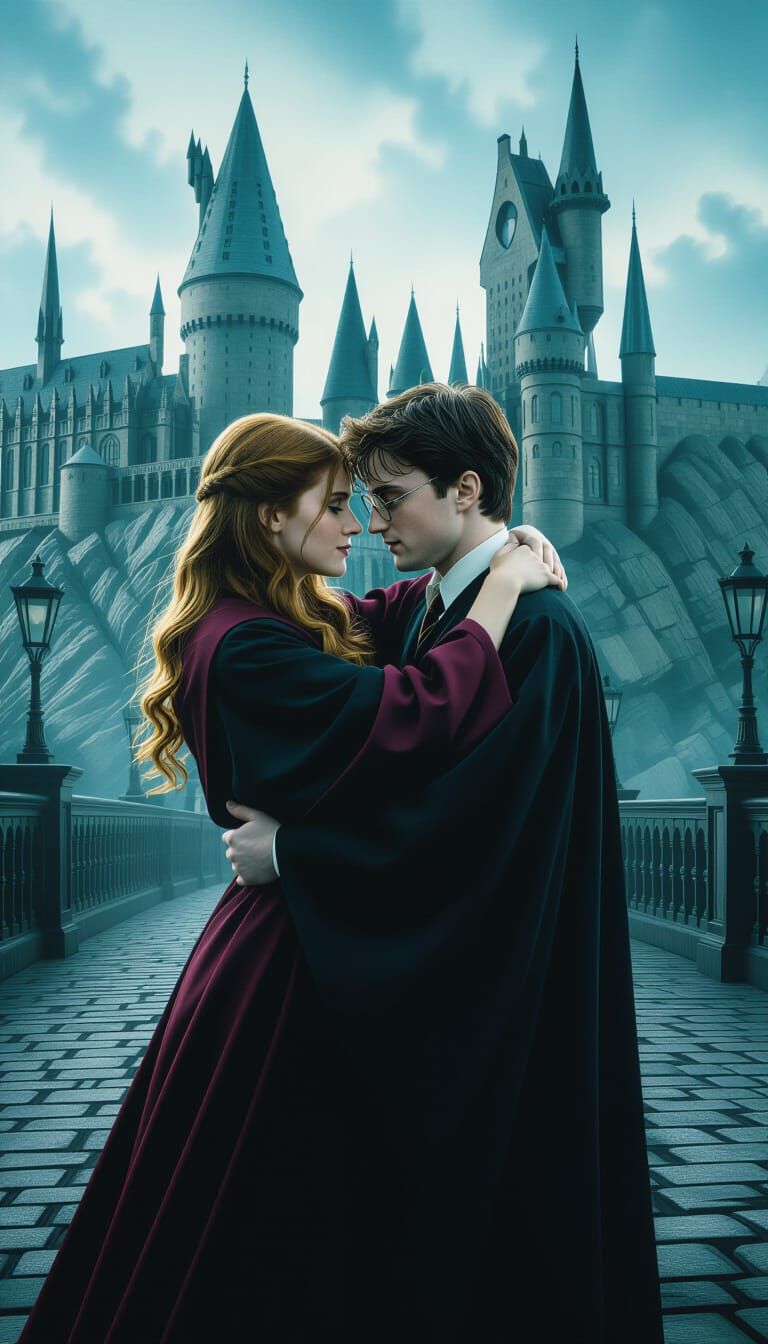 Harry and Ginny Embrace: Cinematic Hogwarts Scene