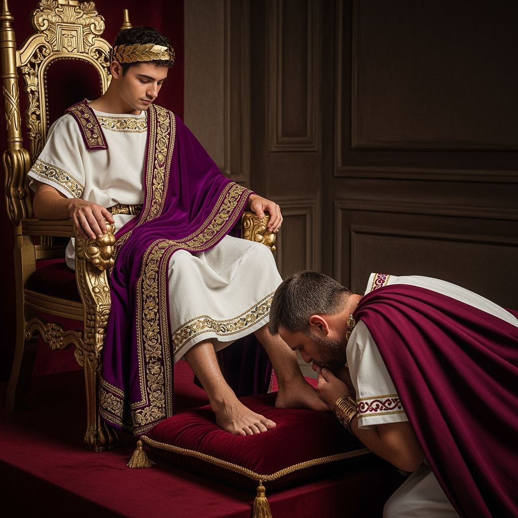 Young Roman Emperor on Gold Throne in Regal Toga