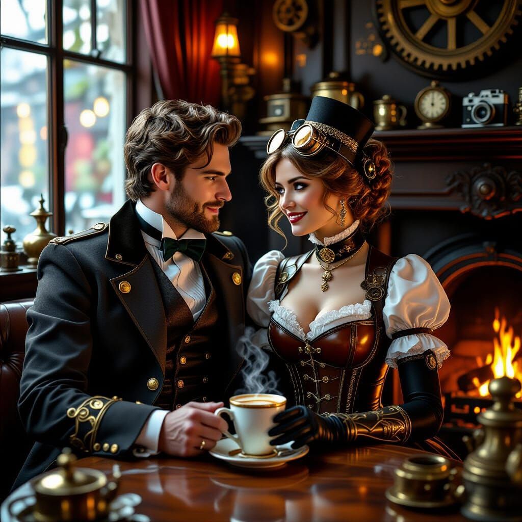 Steampunk Couple Sharing Coffee in Victorian Cafe