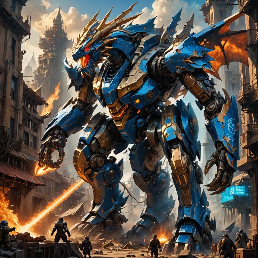 Iron Mecha vs Dragon in Ruined Cityscape