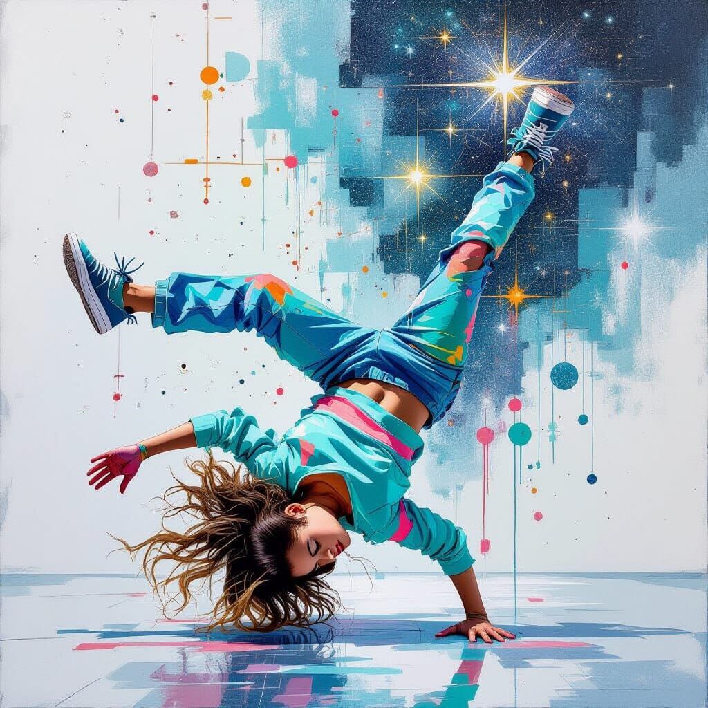 Modernist Painting of Teenage Girl Breakdancing with Vibrant...