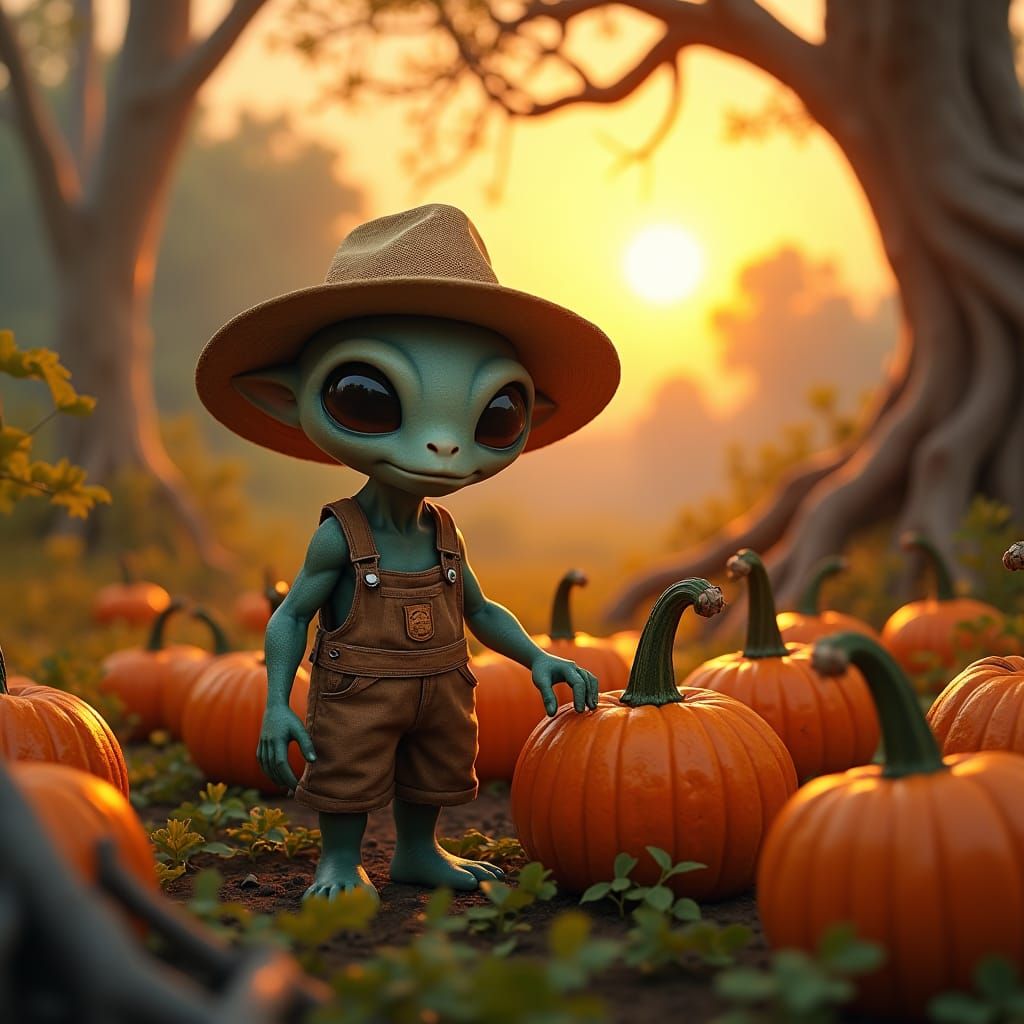 Alien Pumpkin Farmer in Atmospheric Landscape
