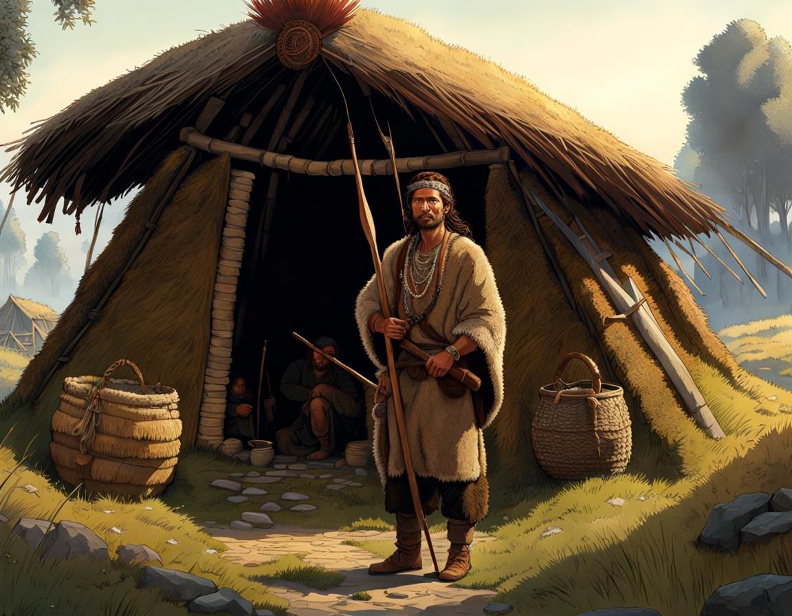 Neolithic Hunter-Gatherer Portrait in Detailed Village