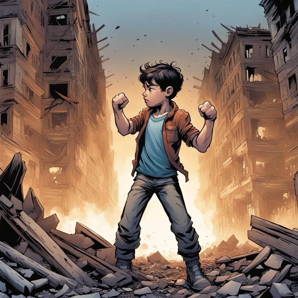Boy's Fist in Comic Book Style, Ruined Building