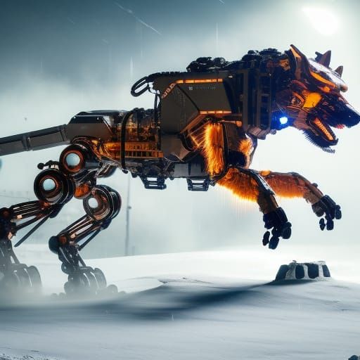 Mechanical Wolf Leaping Through Snow: Cyberpunk Action