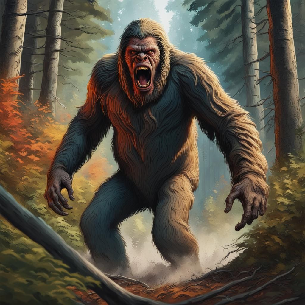 Furious Sasquatch Abducts Hunter: Hyperrealistic Splash Art