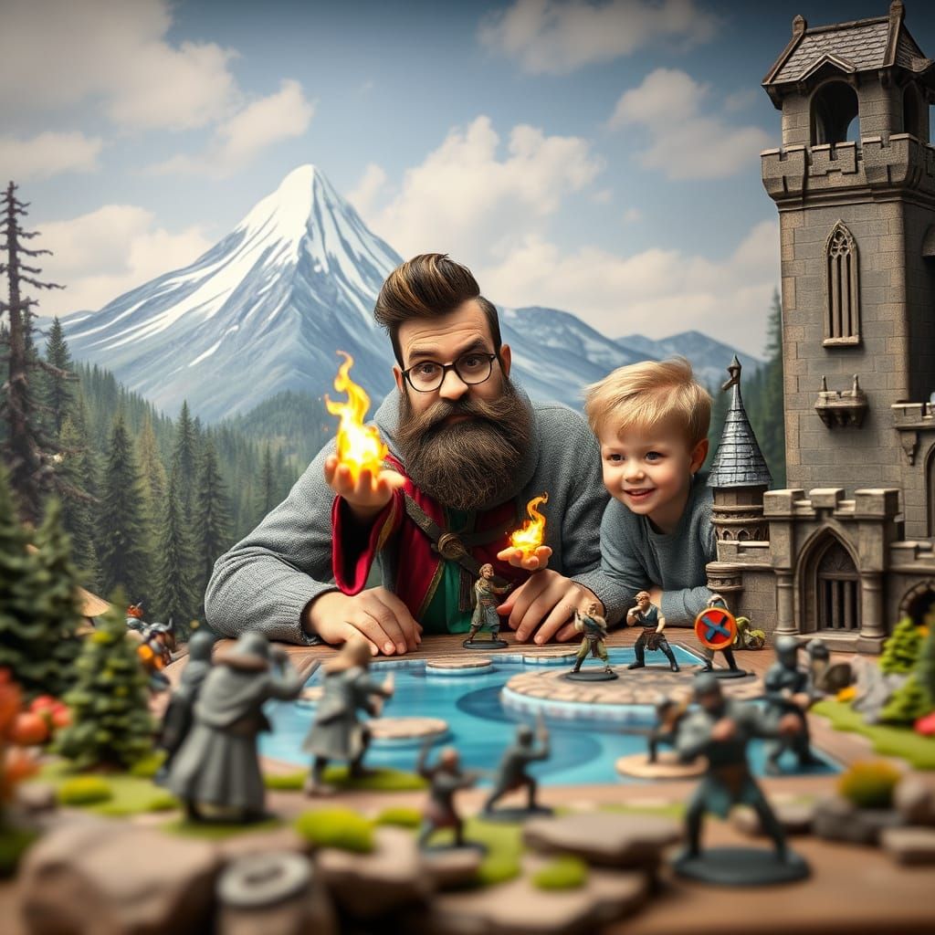 Whimsical Father and Son Engage in Fantasy Battle