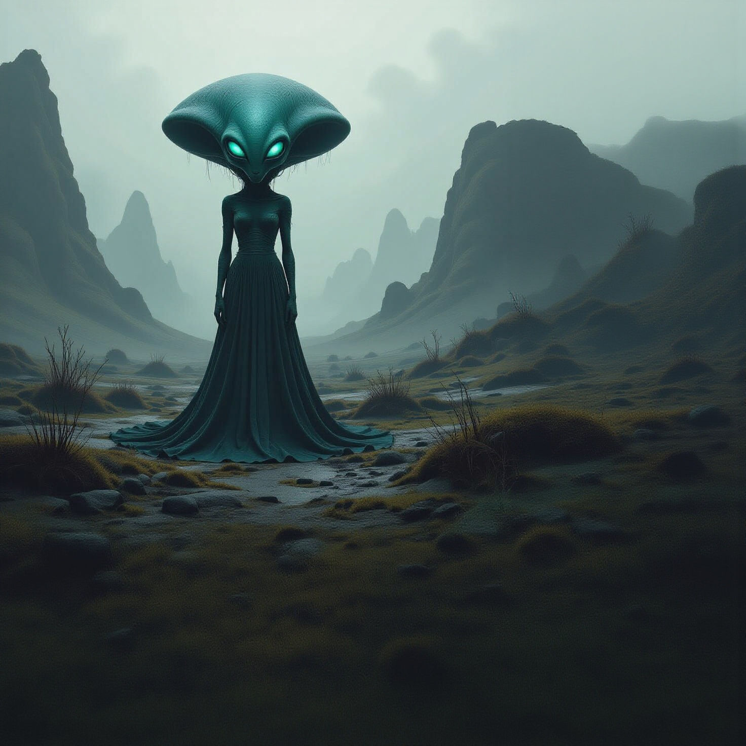 Alien Figure in Bioluminescent Landscape