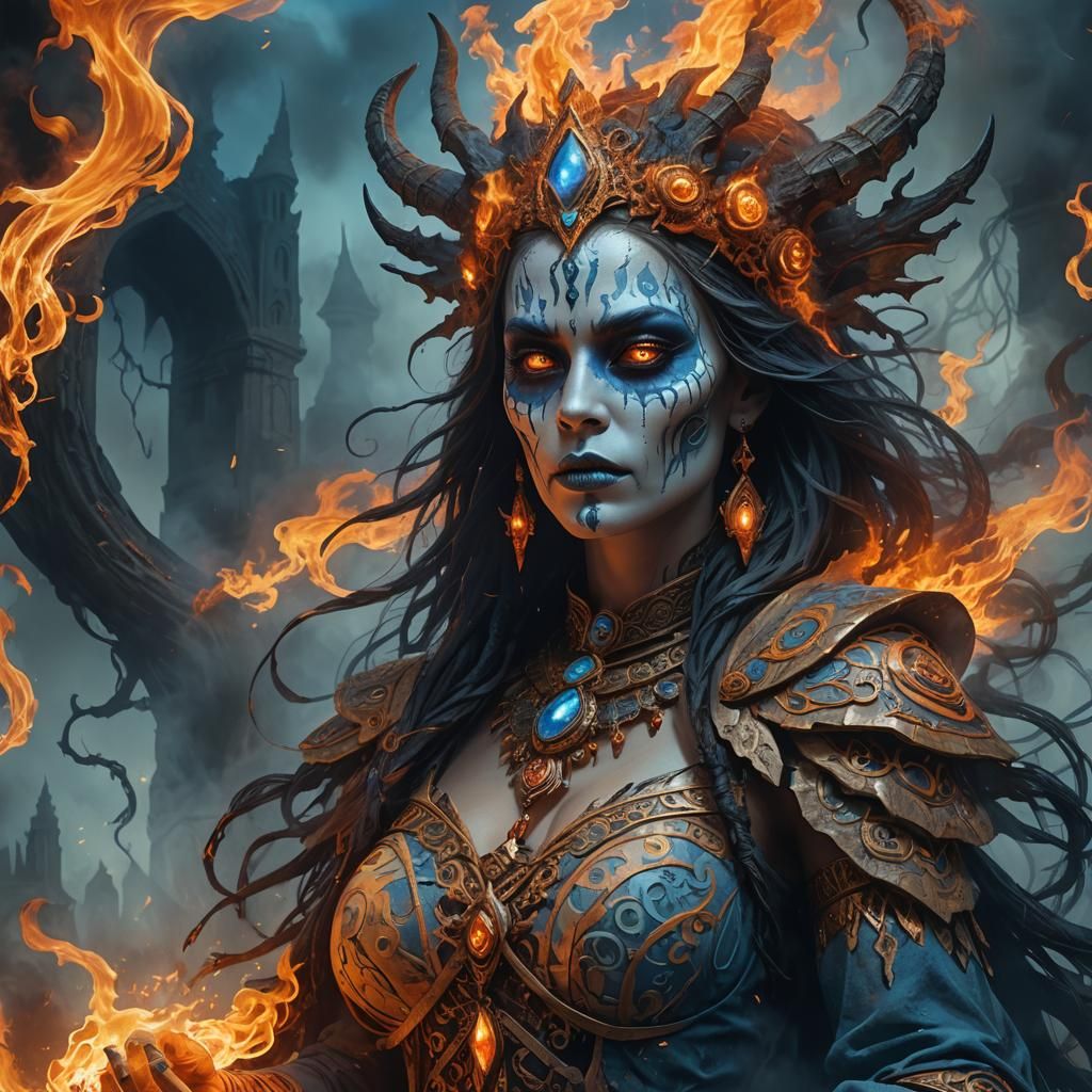 Bone Priestess Conjures Flames in Fantasy Art