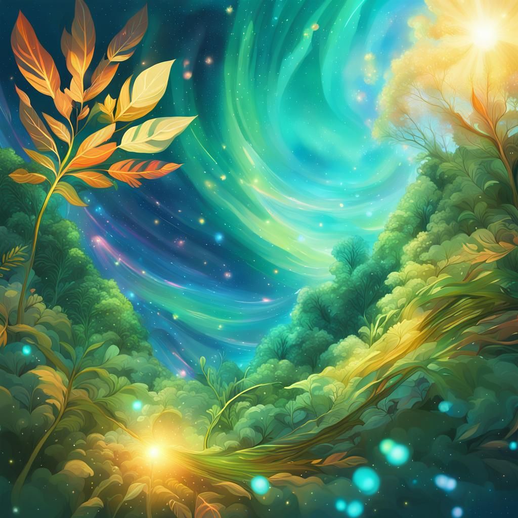 Lush Fantasy World with Cosmic, Holographic Art Style