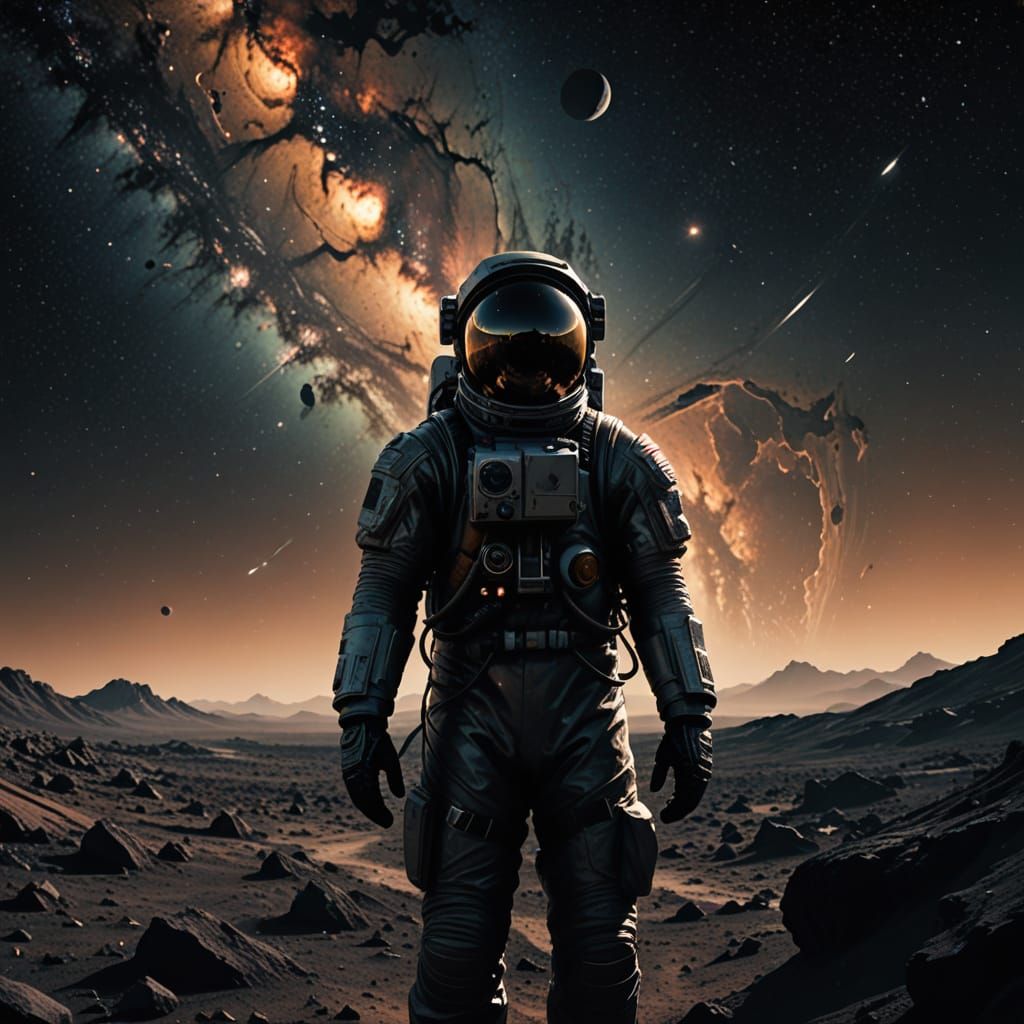 Astronaut on Stardust Planet Gazing at Galaxy