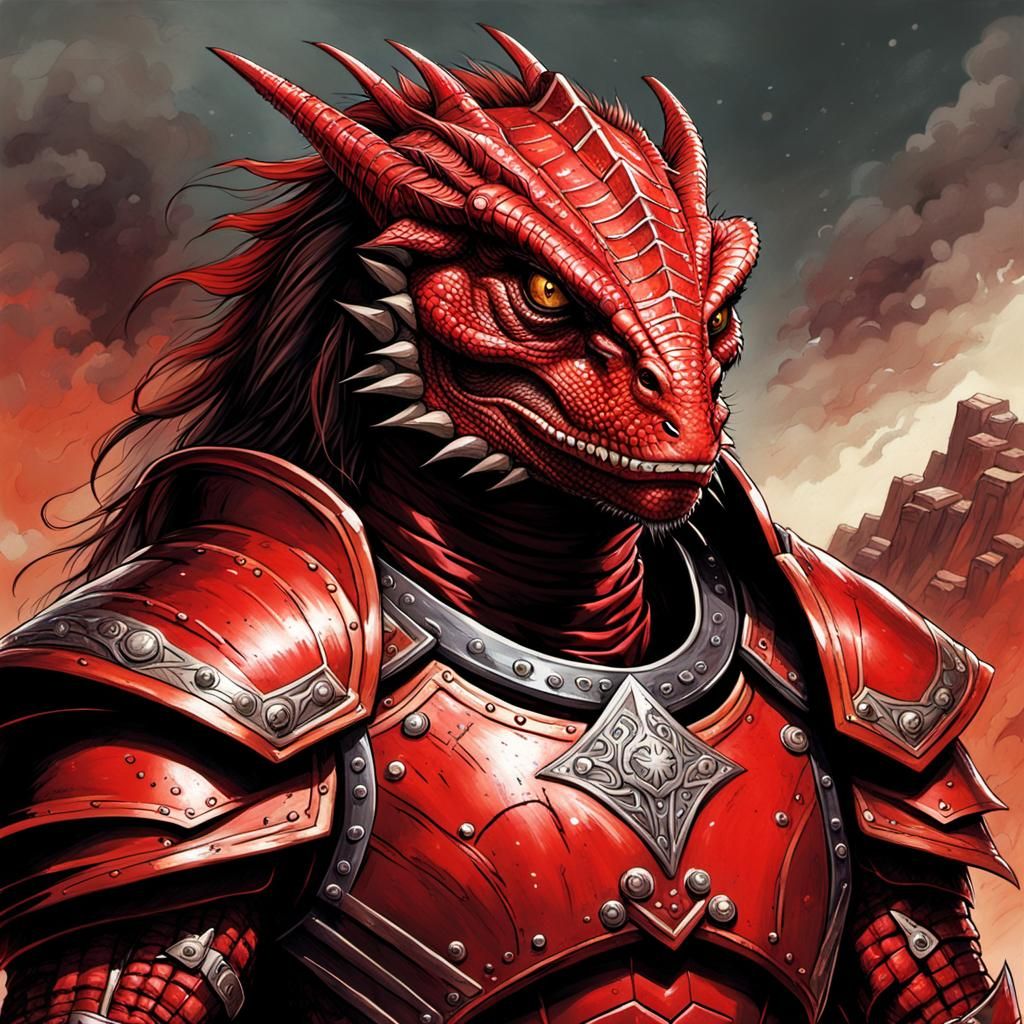 Red Lizardman Warrior in Comic Book Art Style