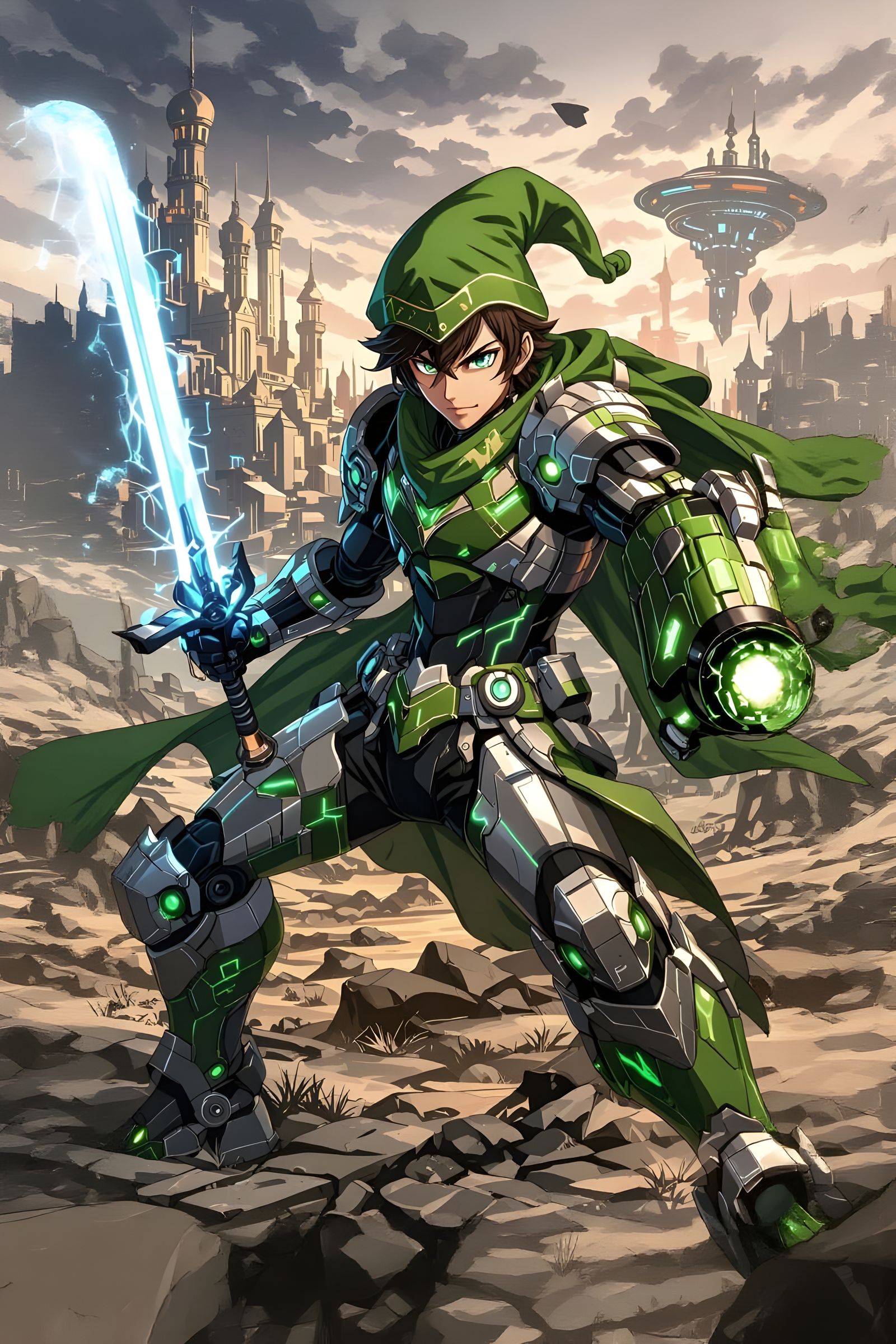 Anime Warrior in Power Suit with Glowing Sword
