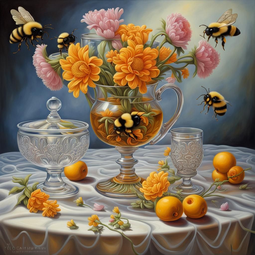 Bumblebee on Sugar Bowl: Ethereal Oil Painting