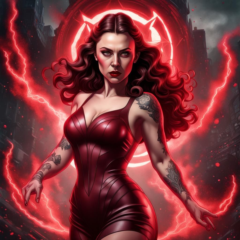 Hyperrealistic Tattooed Pinup Girl as Scarlet Witch