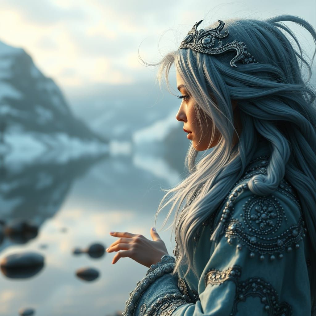 Serene Dwarf Maiden Contemplates Her Reflection in a Dreamy ...