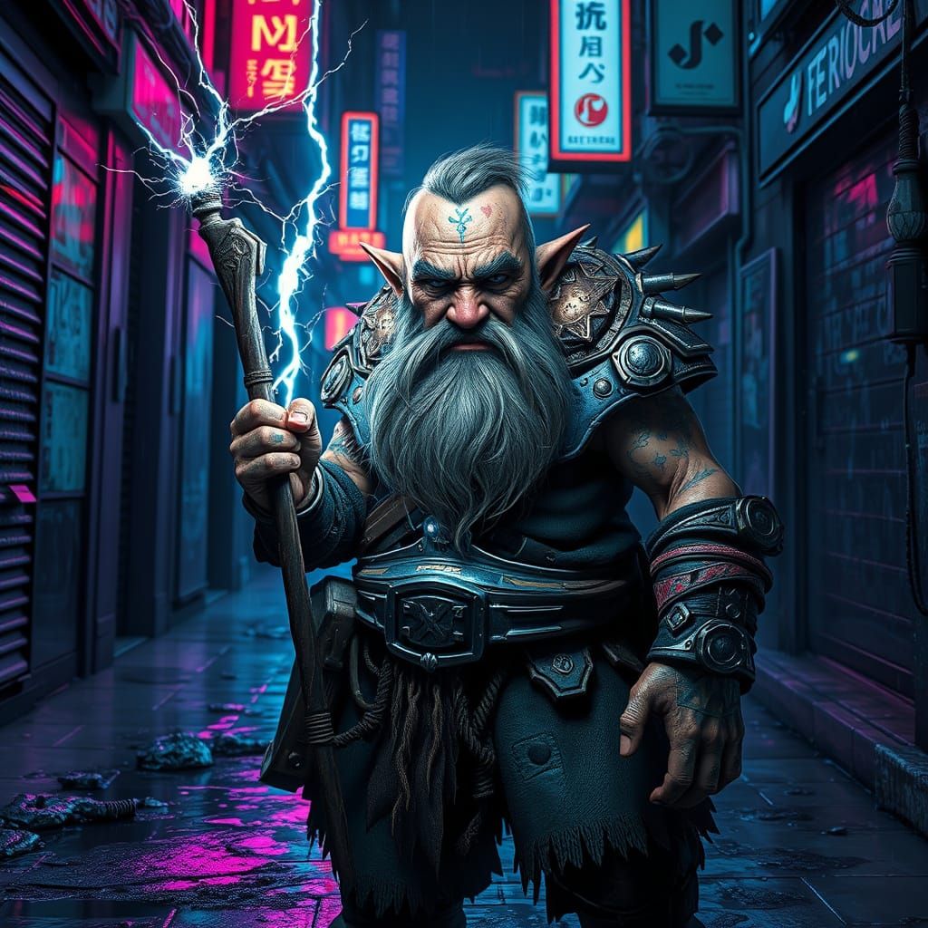 Cyberpunk Dwarf with Electric Glaive in Neon City