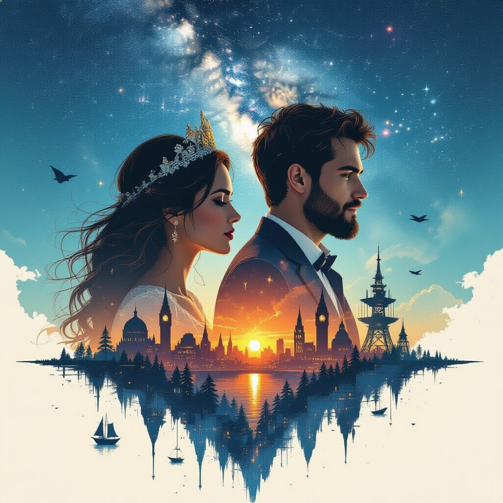 Double Exposure Galaxy Dripping into Cityscape with Pirates