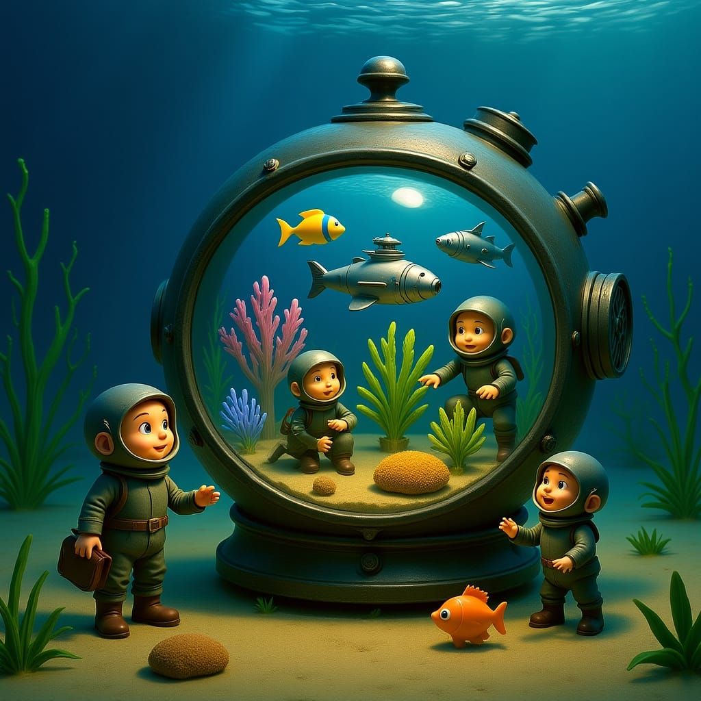 Underwater Lab in Diving Helmet, Hyperrealistic Ghibli Style
