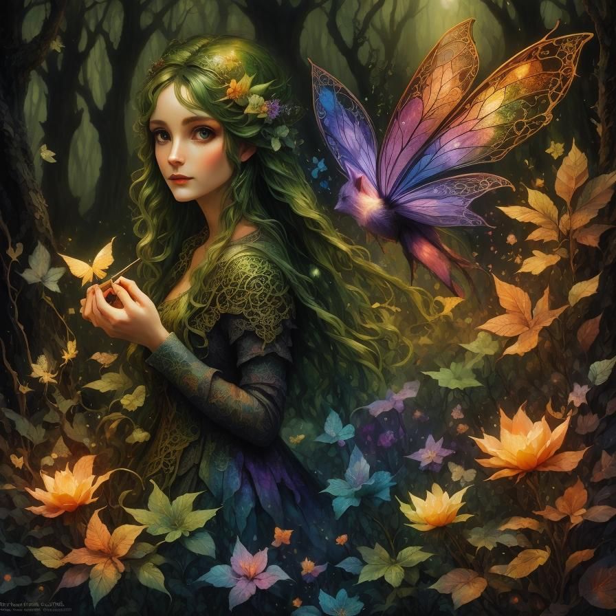 Fairy Flight in Glowing Forest, Fantasy Art