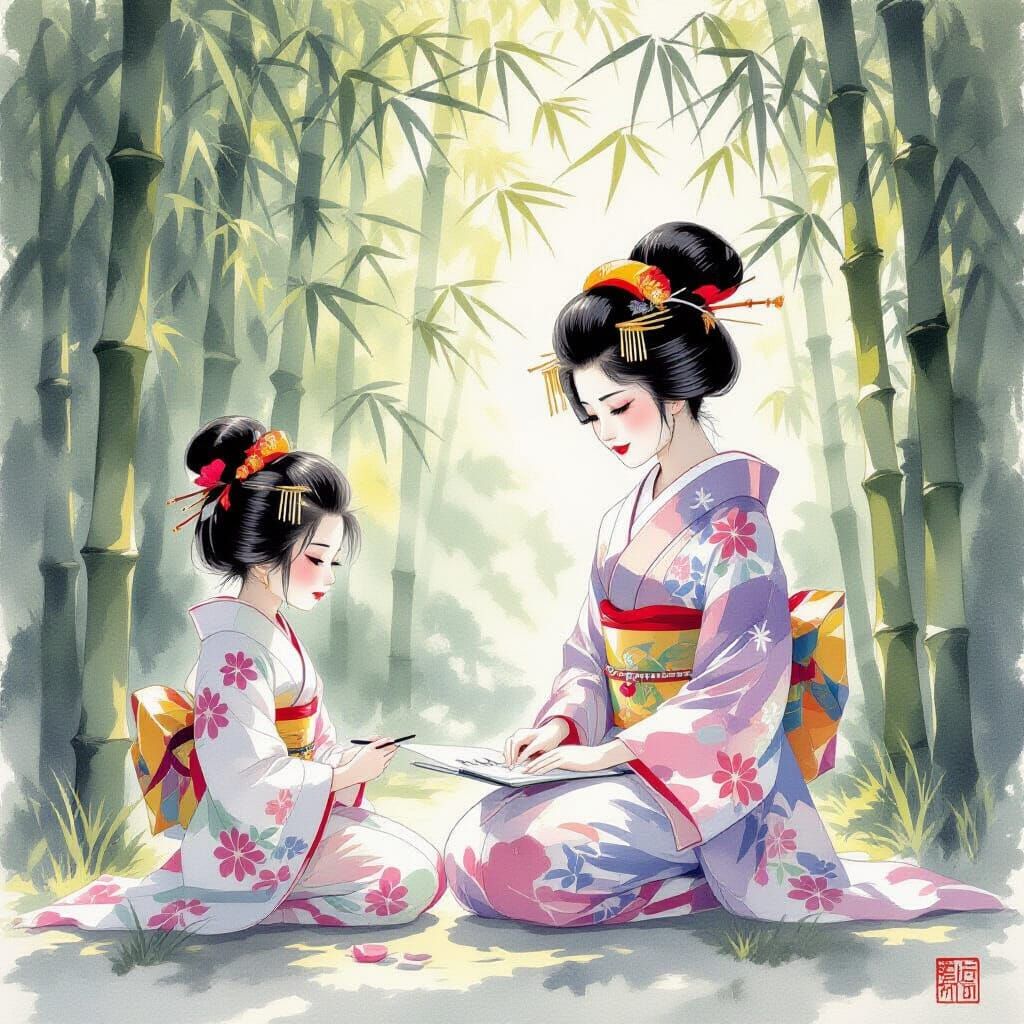 Geishas in Bamboo Forest as Watercolor Painting