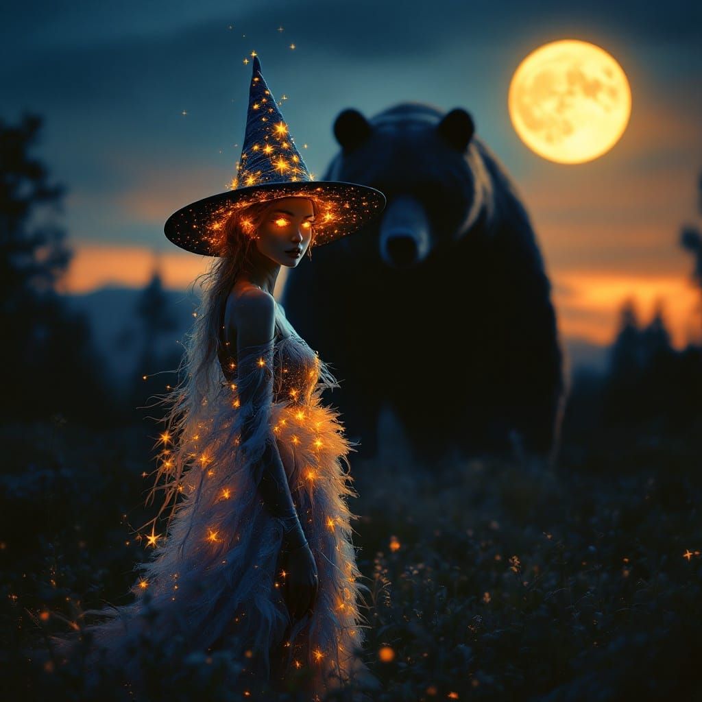 Enchanted Witch Casting Magic Under a Vibrant Full Moon
