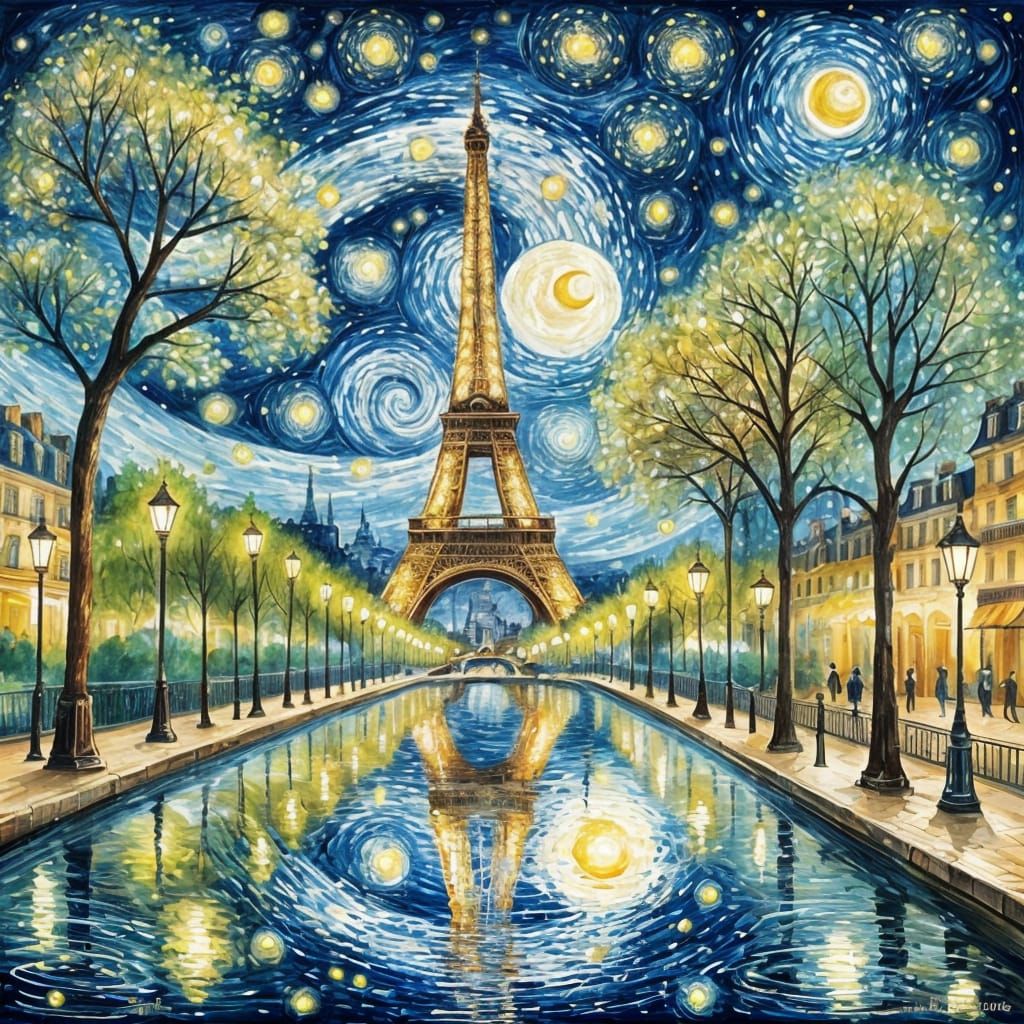 Starry Night in Paris: Digital Watercolor Artwork