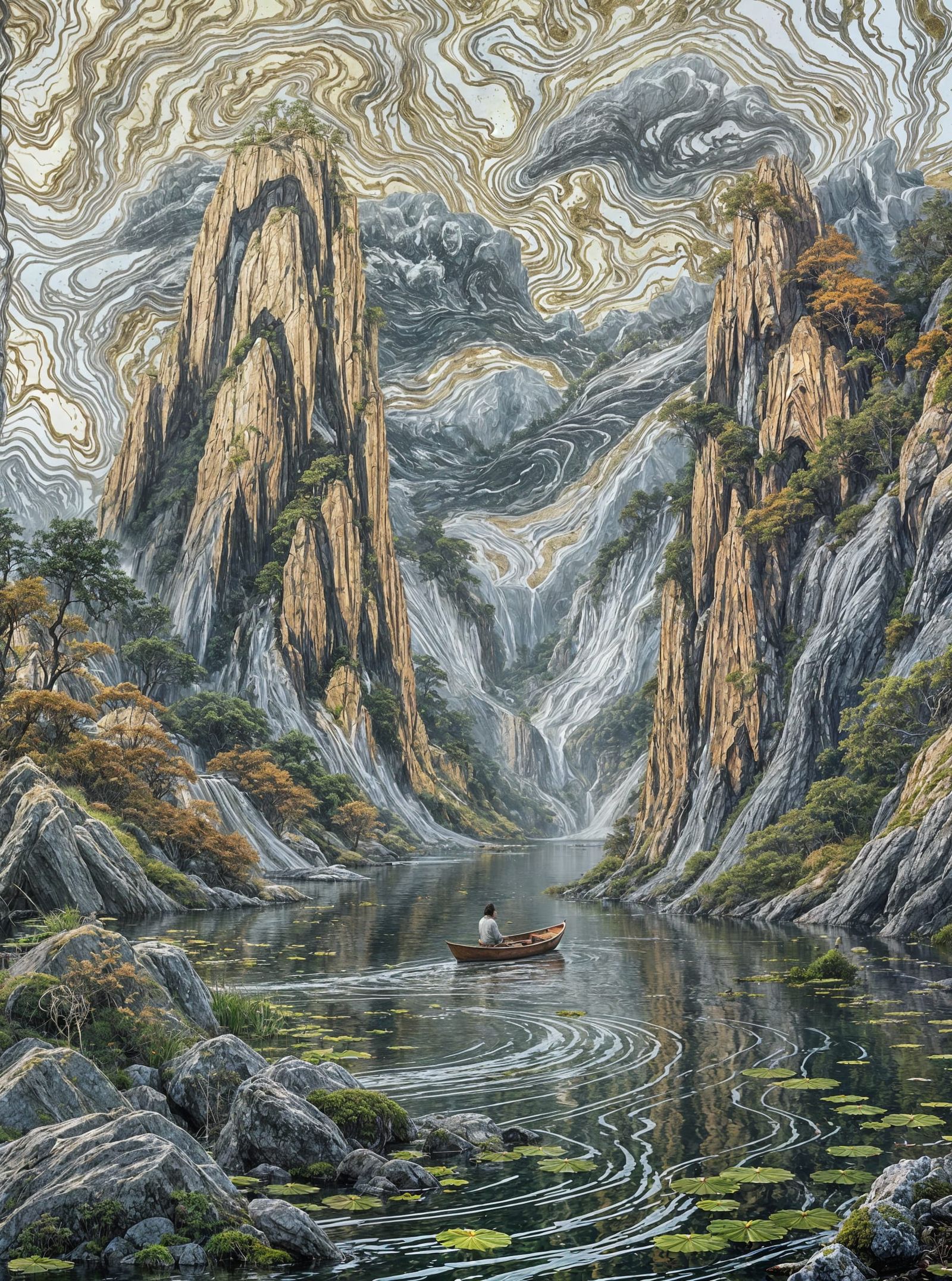 Foil Art: Woman Rowing Between Mountains